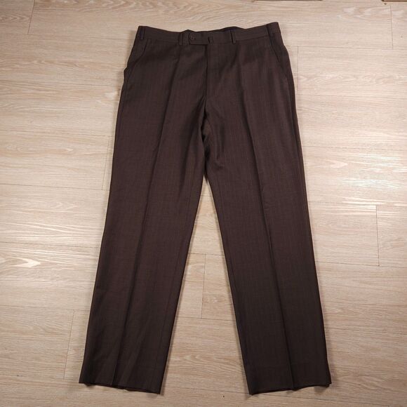 Isaia Napoli Wool Pants Mens 54 (38x33) Brown Pin Striped Pleated Trousers - Picture 1 of 14